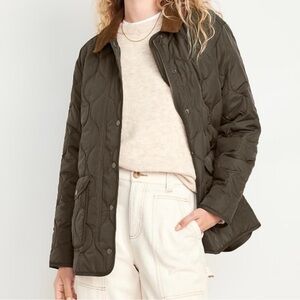 Old Navy Quilted Olive Green Puffer Jacket with Corduroy Collar